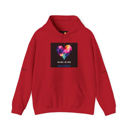 Colorful Heart Design Hooded Sweatshirt - "Made in His Greatness"